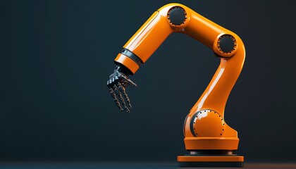 Poster - Orange robotic arm with a black hand, isolated on a dark background.