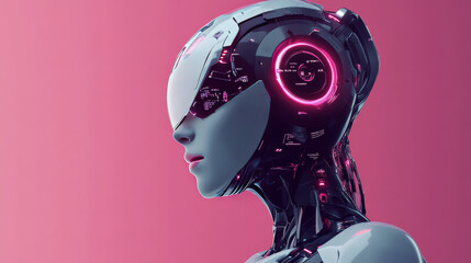Poster - AI represented by a female robot or cyborg working in 3D virtual reality cyberspace. The robotic woman looks upward, analyzing a geometrical spherical 3D diagram with data. Illustration of a female 