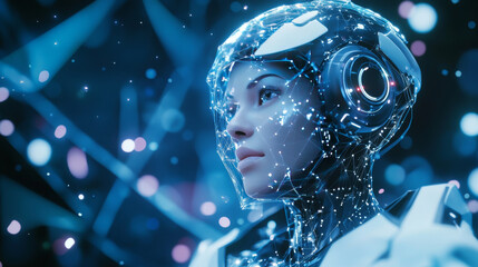 Poster - AI represented by a female robot or cyborg working in 3D virtual reality cyberspace. The robotic woman looks upward, analyzing a geometrical spherical 3D diagram with data. Illustration of a female 