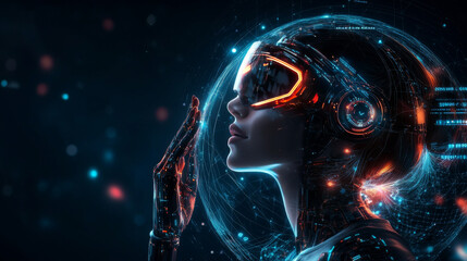 Poster - AI represented by a female robot or cyborg working in 3D virtual reality cyberspace. The robotic woman looks upward, analyzing a geometrical spherical 3D diagram with data. Illustration of a female 