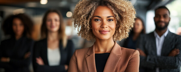 Poster - A group of people are standing together, one of them is a woman with curly hair. They are all dressed in business attire and appear to be posing for a photo. Scene is professional and confident