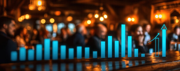 Poster - A group of people are gathered around a bar with a graph showing a rising line. Scene is one of excitement and anticipation, as the graph suggests that something positive is happening