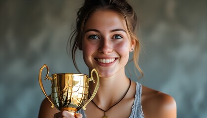 Joyful celebration of achievement as a young woman proudly holds a gold trophy, embodying the spirit of victory and dedication in her casual attire.