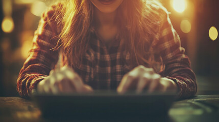 Poster - A woman is typing on a tablet with her hands. Concept of focus and concentration as the woman works on her device