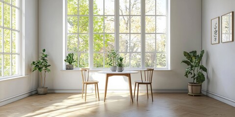 A tiny dining area with a simple table and two chairs, set in an empty room with large windows that fill the space with light.