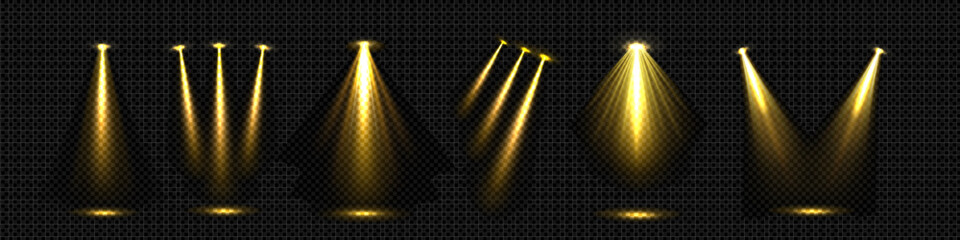 Wall Mural - Spotlight beam for stage. Lamp ray effect vector for studio. Projector disco spot design. Abstract golden theater illumination and floor projection for advertising illustration. Night podium flare