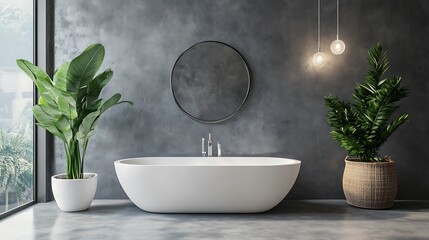 A white bathtub sits in a modern bathroom with a large round mirror, two plants, and a grey wall.