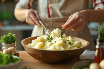 Wall Mural - Woman making mashed potato at wooden table, closeup