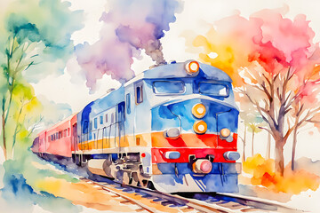 Watercolor picture of train on the abstract background.