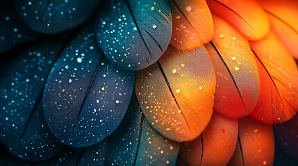 Canvas Print - Close-up of colorful feathers with water droplets.