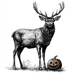 Black and white Vintage engraved art of a stag standing tall with a Jack o' lantern at its hooves, isolated on white background, ink sketch illustration, simple vector art design, highly detailed 