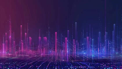 Glowing purple and blue digital cityscape with flowing data particles