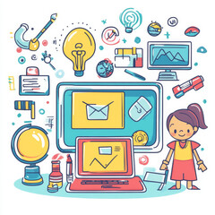 Poster - Frame or border design for youth tech education: includes STEM career learning aspects. Showcases programming, web development, game creation, artificial intelligence, and online classes. Engineering.