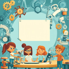 Poster - Frame or border design for youth tech education: includes STEM career learning aspects. Showcases programming, web development, game creation, artificial intelligence, and online classes. Engineering.