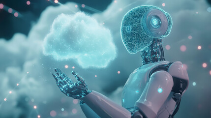 Poster - AI robot interacting with data in digital cloud storage. The robot holds a cloud of data, representing technology network communication and data processing by artificial intelligence. Cloud computing 