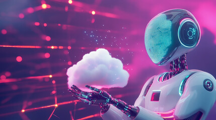 Poster - AI robot interacting with data in digital cloud storage. The robot holds a cloud of data, representing technology network communication and data processing by artificial intelligence. Cloud computing 