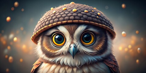 Adorable owl with fluffy feathers and big round eyes sits on a tiny cap, showcasing a whimsical and playful bird portrait on a clean background.