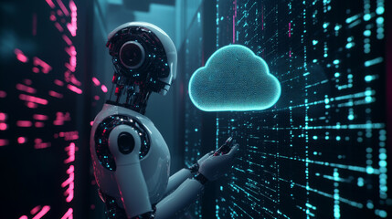 Poster - AI robot interacting with data in digital cloud storage. The robot holds a cloud of data, representing technology network communication and data processing by artificial intelligence. Cloud computing 