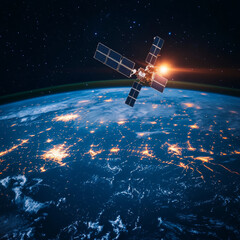 Poster - A communications satellite orbiting Earth in space. The satellite’s antenna broadcasts digital radio or satellite TV signals, set against an abstract technology background. Represents a future concept
