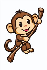 Sticker - Cute Cartoon Monkey Sitting on a Branch