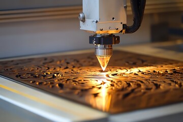 Poster - Laser Cutting Machine with Glowing Tip Over Intricate Metal Design