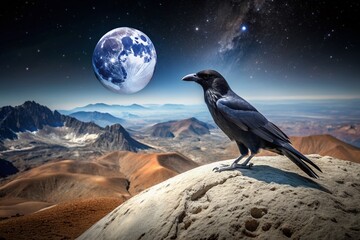 Mysterious raven perches on the lunar surface, surrounded by craters and mountains, under the glow of a full earth rising in the black sky.