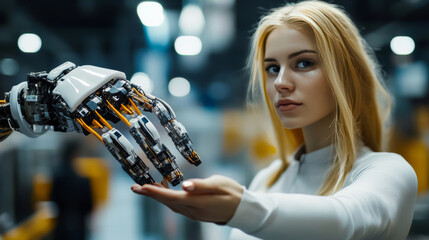 Poster - Industry 4.0 concept: artificial intelligence automating product manufacturing within a smart factory. AI oversees industrial processes with advanced management. A robot woman cradles a robotic arm.