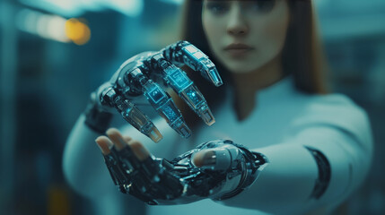 Poster - Industry 4.0 concept: artificial intelligence automating product manufacturing within a smart factory. AI oversees industrial processes with advanced management. A robot woman cradles a robotic arm.