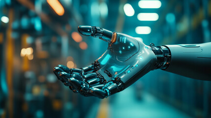 Poster - Industry 4.0 concept: artificial intelligence automating product manufacturing within a smart factory. AI oversees industrial processes with advanced management. A robot woman cradles a robotic arm.