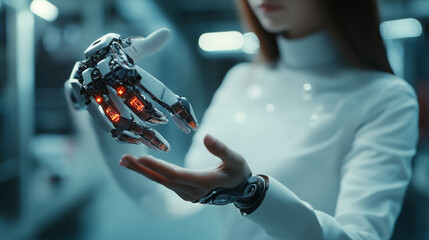 Poster - Industry 4.0 concept: artificial intelligence automating product manufacturing within a smart factory. AI oversees industrial processes with advanced management. A robot woman cradles a robotic arm.