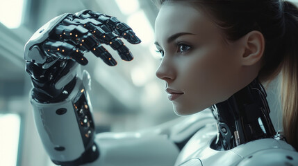 Poster - Industry 4.0 concept: artificial intelligence automating product manufacturing within a smart factory. AI oversees industrial processes with advanced management. A robot woman cradles a robotic arm.