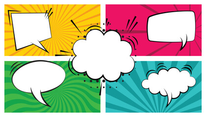 Poster - Starburst with halftone. sun ray retro background with flash. comic books dialog bubbles. pop art style empty comic speech clouds. cartoon frame, retro cover halftone effect
