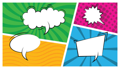 Poster - Starburst with halftone. sun ray retro background with flash. rays, radial, halftone, dotted effects. empty comic speech clouds. comic books dialog bubbles