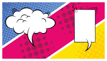Poster - Pop art comic background with halftones. comic book page with speech bubbles, symbols and sound effects. empty comic speech clouds. cartoon frame, retro cover halftone effect