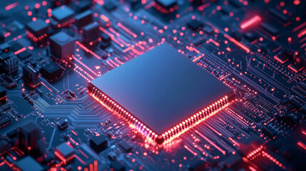 CPU: an abstract digital chip representing a computer processor with electronic components on a motherboard or circuit board. Highlights the technology behind developing electronic devices using.