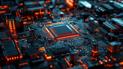 CPU: an abstract digital chip representing a computer processor with electronic components on a motherboard or circuit board. Highlights the technology behind developing electronic devices using.