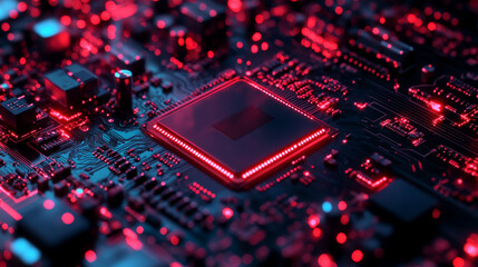 Poster - CPU: an abstract digital chip representing a computer processor with electronic components on a motherboard or circuit board. Highlights the technology behind developing electronic devices using.