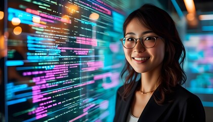 Dedicated Japanese female software developer smiling beside holographic glass walls showcasing digital code, embodying the essence of modern technology