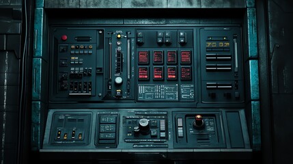 Wall Mural - Futuristic Control Panel with Red Displays and Buttons