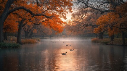 Ducks enjoying a calm foggy autumn day on the lake