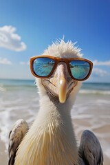 Funny Seabird Wearing Sunglasses on Tropical Beach