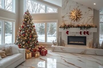 Wall Mural - modern living room decorated for christmas with a large christmas tree and a fireplace
