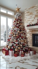 Wall Mural - modern living room decorated for christmas with a large christmas tree and a fireplace