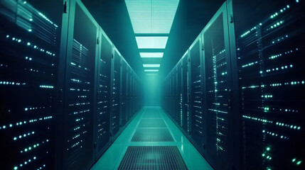Poster - a data center or server room filled with servers for cloud storage. the dark environment is illumina