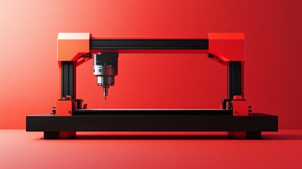 Poster - Red Industrial Robotic Arm Machine with Black Base on Red Background