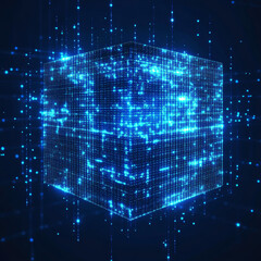 Poster - Digital background featuring a cube or box made of a matrix of digits. Represents a blockchain of abstract financial data and business graphics. Highlights blockchain fintech technology and crypto.