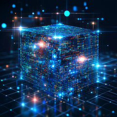 Poster - Digital background featuring a cube or box made of a matrix of digits. Represents a blockchain of abstract financial data and business graphics. Highlights blockchain fintech technology and crypto.