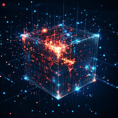 Poster - Digital background featuring a cube or box made of a matrix of digits. Represents a blockchain of abstract financial data and business graphics. Highlights blockchain fintech technology and crypto.