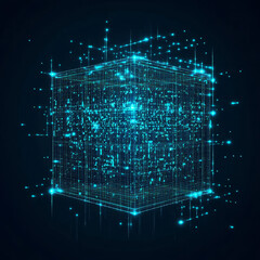 Poster - Digital background featuring a cube or box made of a matrix of digits. Represents a blockchain of abstract financial data and business graphics. Highlights blockchain fintech technology and crypto.