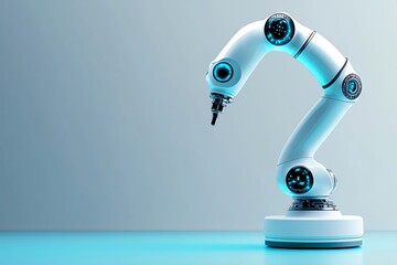 Poster - A White Robotic Arm with Blue Lights on a Light Blue Surface